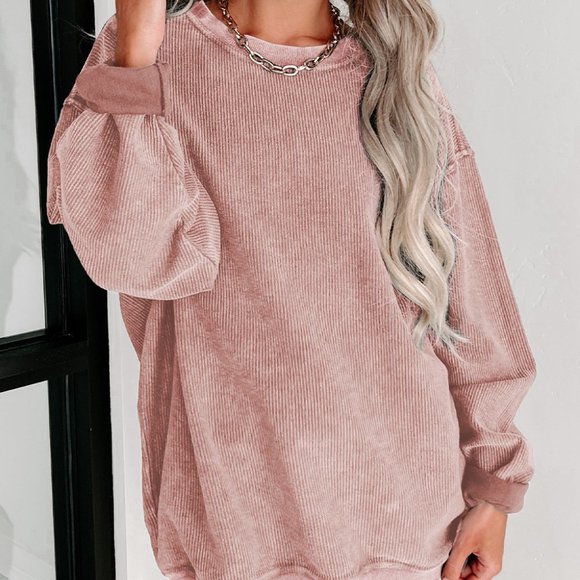 Cali Chic Women Sweatshirt Pink Solid Ribbed Knit Round Neck Pullover - Picture 2 of 10